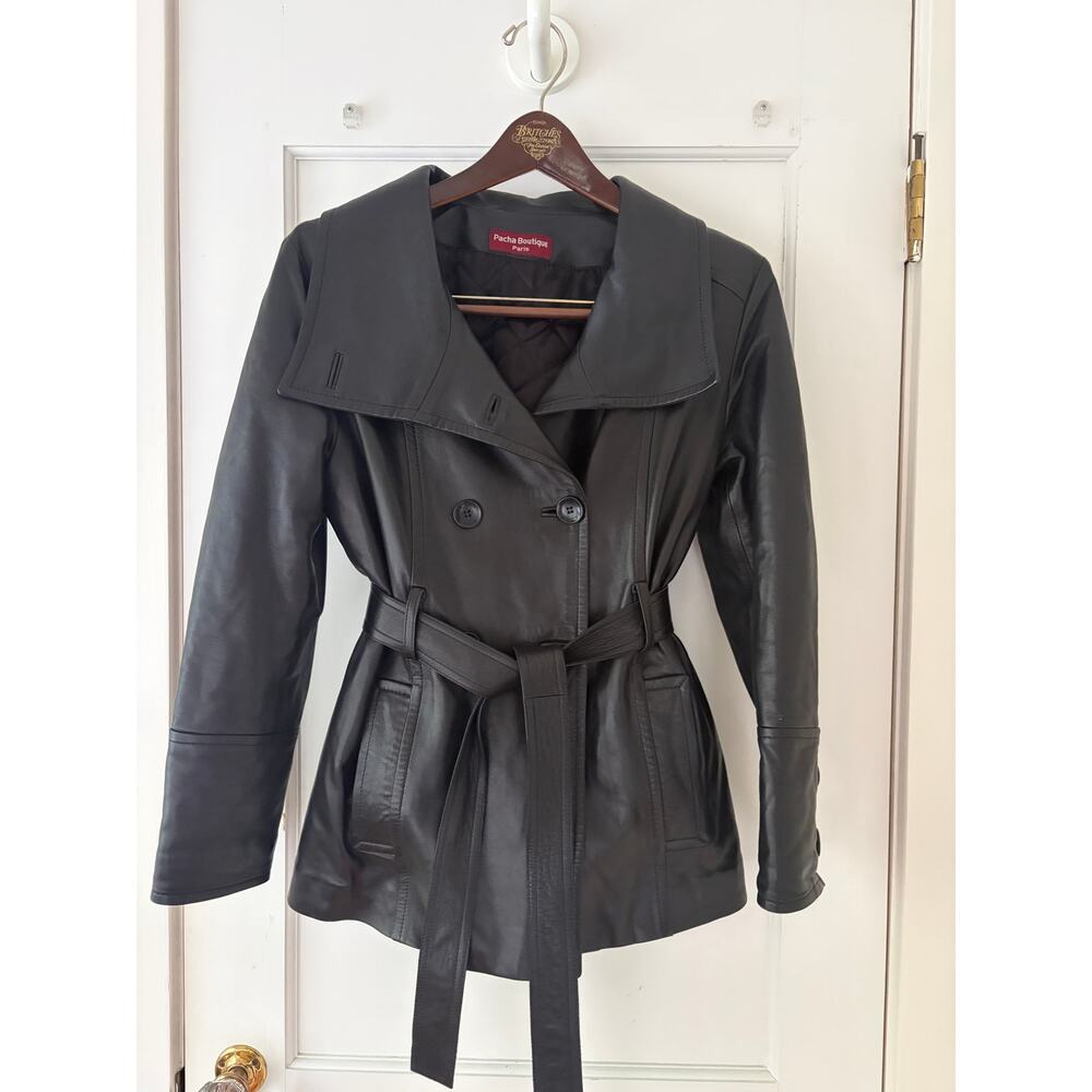 Pacha Boutique Leather Jacket Belted Black Size Small - Picture 2 of 11